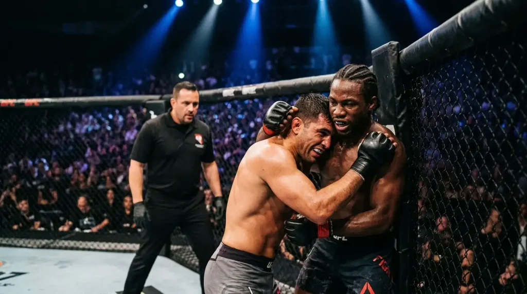 Zwei MMA-Kämpfer in einem Kampfkäfig unter blauem Scheinwerferlicht bei einem Nicht-UFC-Event