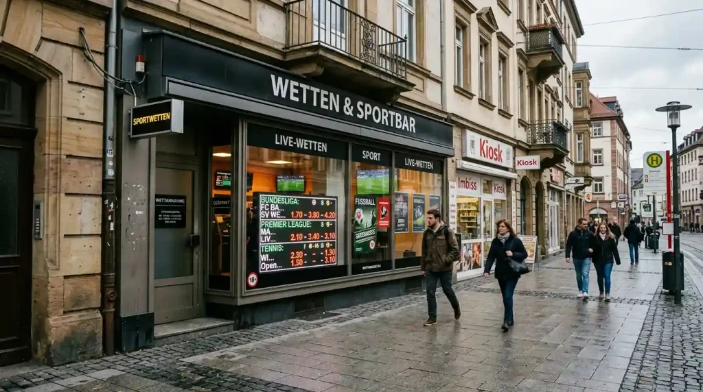 Sportwetten-Büro-Fassade in einer deutschen Innenstadt mit beleuchteter Anzeigetafel