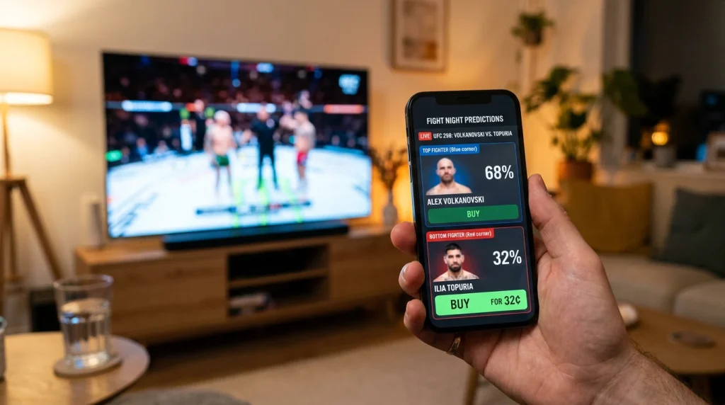 Smartphone mit einem Prediction-Market-Interface und UFC-Kampfwahrscheinlichkeiten auf dem Bildschirm