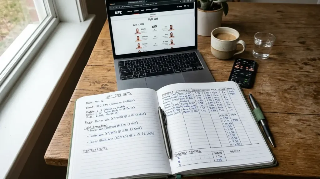 Notizbuch mit handschriftlichen Sportwetten-Aufzeichnungen neben einem Laptop mit UFC-Event