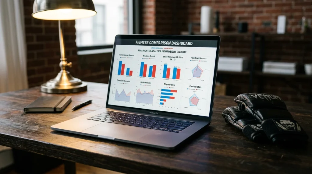 Laptop mit einer Datenanalyse-Oberfläche neben MMA-Handschuhen auf einem Schreibtisch