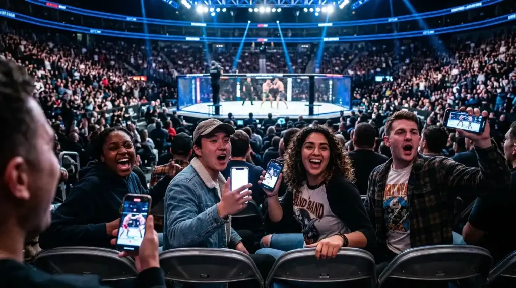Junge Zuschauer in einer MMA-Arena mit Smartphones in der Hand beim Verfolgen eines UFC-Kampfes