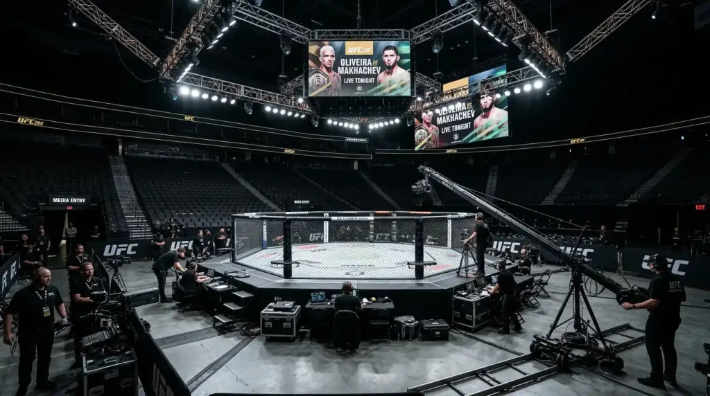 Leeres UFC-Oktagon in einer beleuchteten Arena vor dem Event mit Kameras und Produktionstechnik im Vordergrund