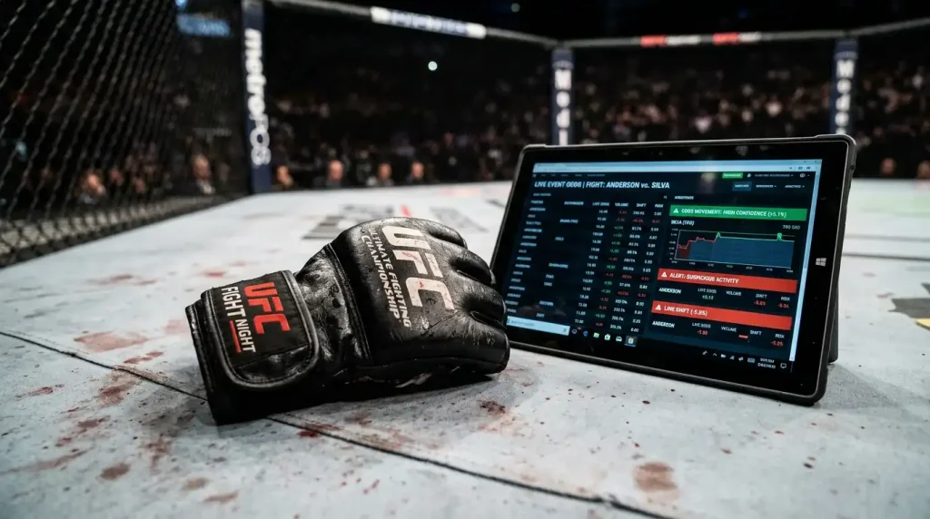 Nahaufnahme eines MMA-Handschuhs auf der Oktagon-Matte neben einem Sicherheits-Tablet mit Echtzeit-Wettdaten