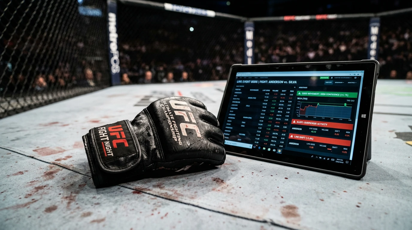 Nahaufnahme eines MMA-Handschuhs auf der Oktagon-Matte neben einem Sicherheits-Tablet mit Echtzeit-Wettdaten