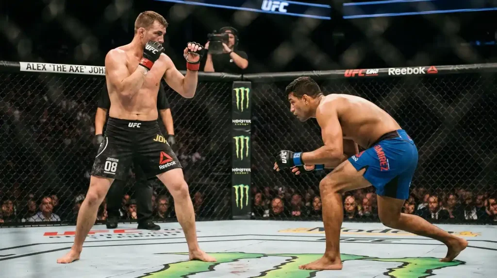 Zwei MMA-Kämpfer im Oktagon in unterschiedlichen Kampfstellungen - Striker gegen Grappler