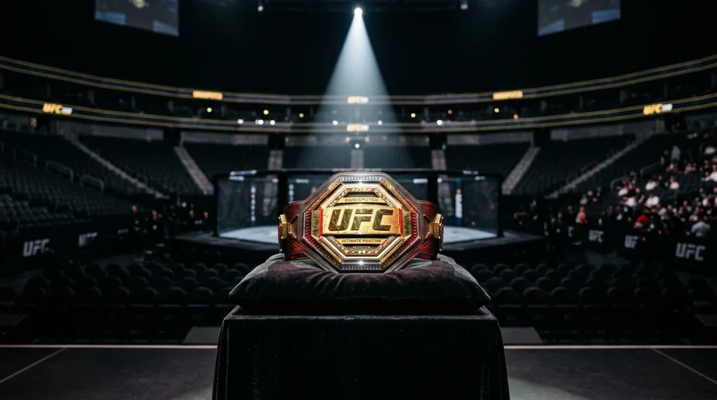 UFC-Championgürtel auf einem Podest in einer Arena mit Scheinwerferlicht