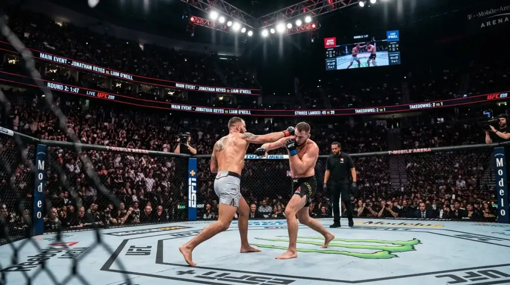 MMA-Kämpfer im Oktagon während eines UFC-Kampfes mit leuchtenden Anzeigetafeln im Hintergrund