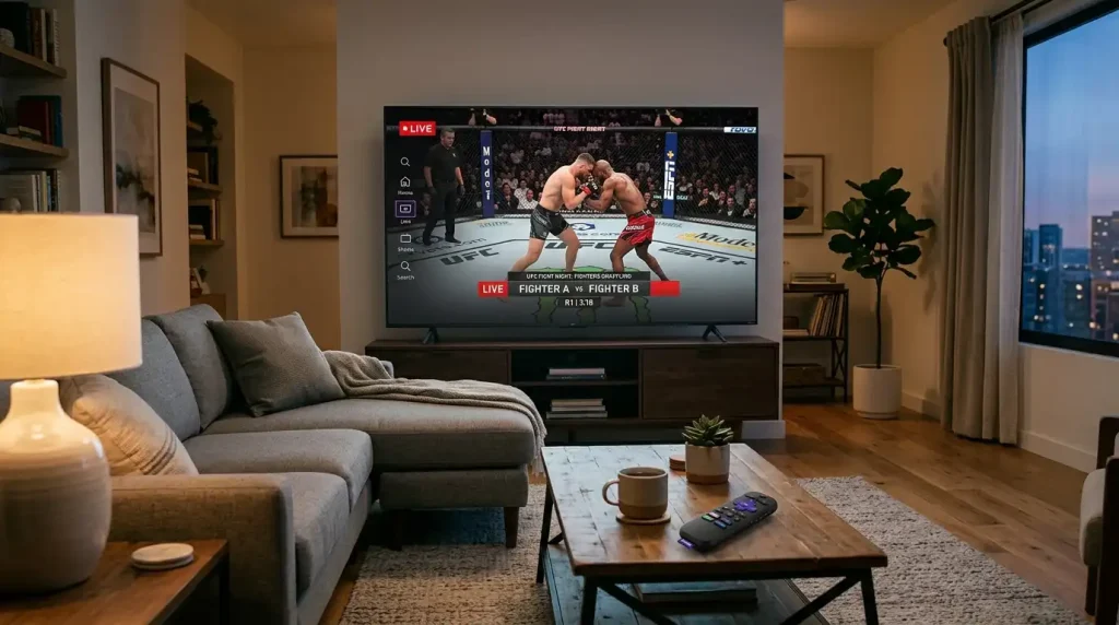 Großer Fernseher in einem Wohnzimmer mit einem UFC-Kampf auf einem Streaming-Interface