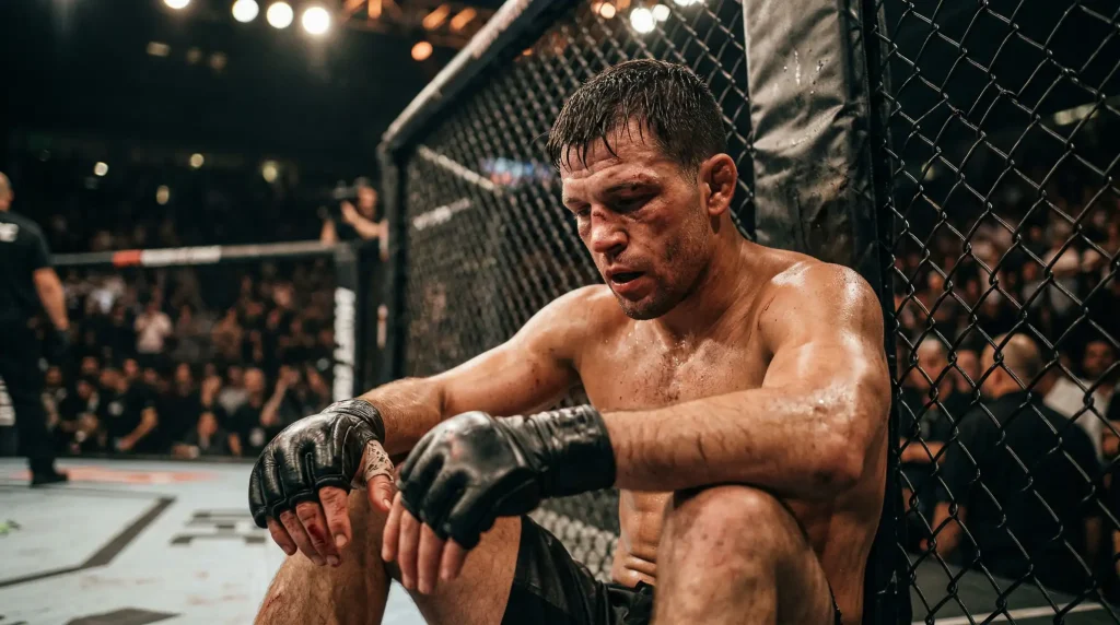 Nahaufnahme eines MMA-Kämpfers im Oktagon mit Fokus auf die Kampfhandschuhe