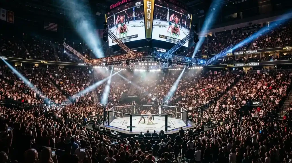 UFC-Oktagon bei einem großen PPV-Event mit Scheinwerfern und vollen Rängen