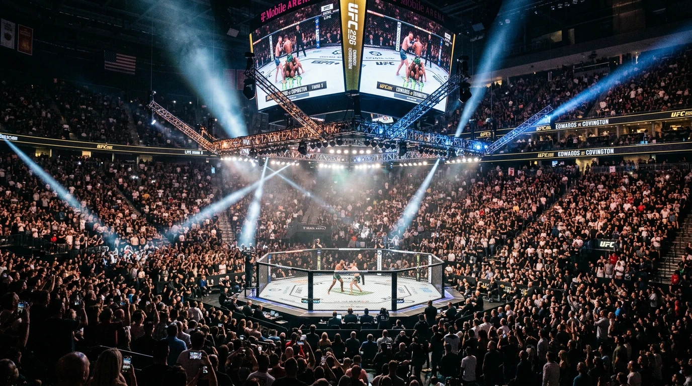 UFC-Oktagon bei einem großen PPV-Event mit Scheinwerfern und vollen Rängen