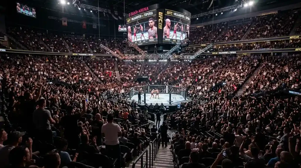 UFC-Oktagon aus der Zuschauerperspektive mit beleuchteter Arena und Kampfvorbereitung