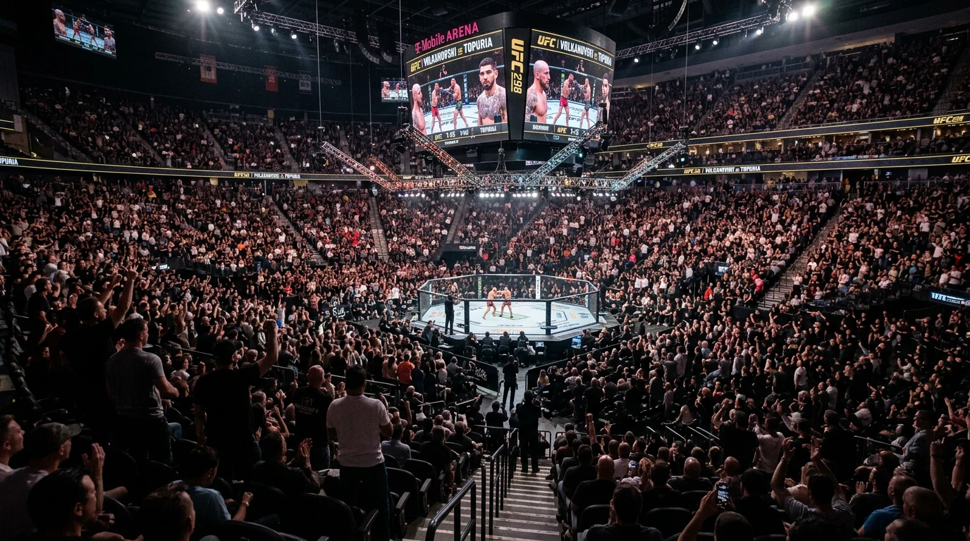 UFC-Oktagon aus der Zuschauerperspektive mit beleuchteter Arena und Kampfvorbereitung