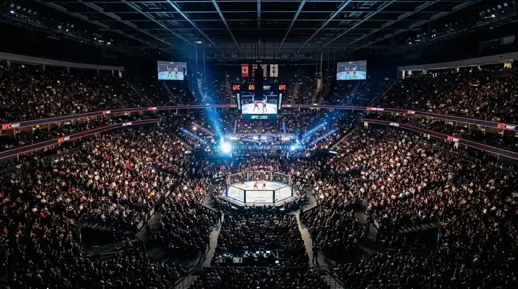 Ausverkaufte MMA-Arena mit Scheinwerferlicht auf das Oktagon von oben fotografiert