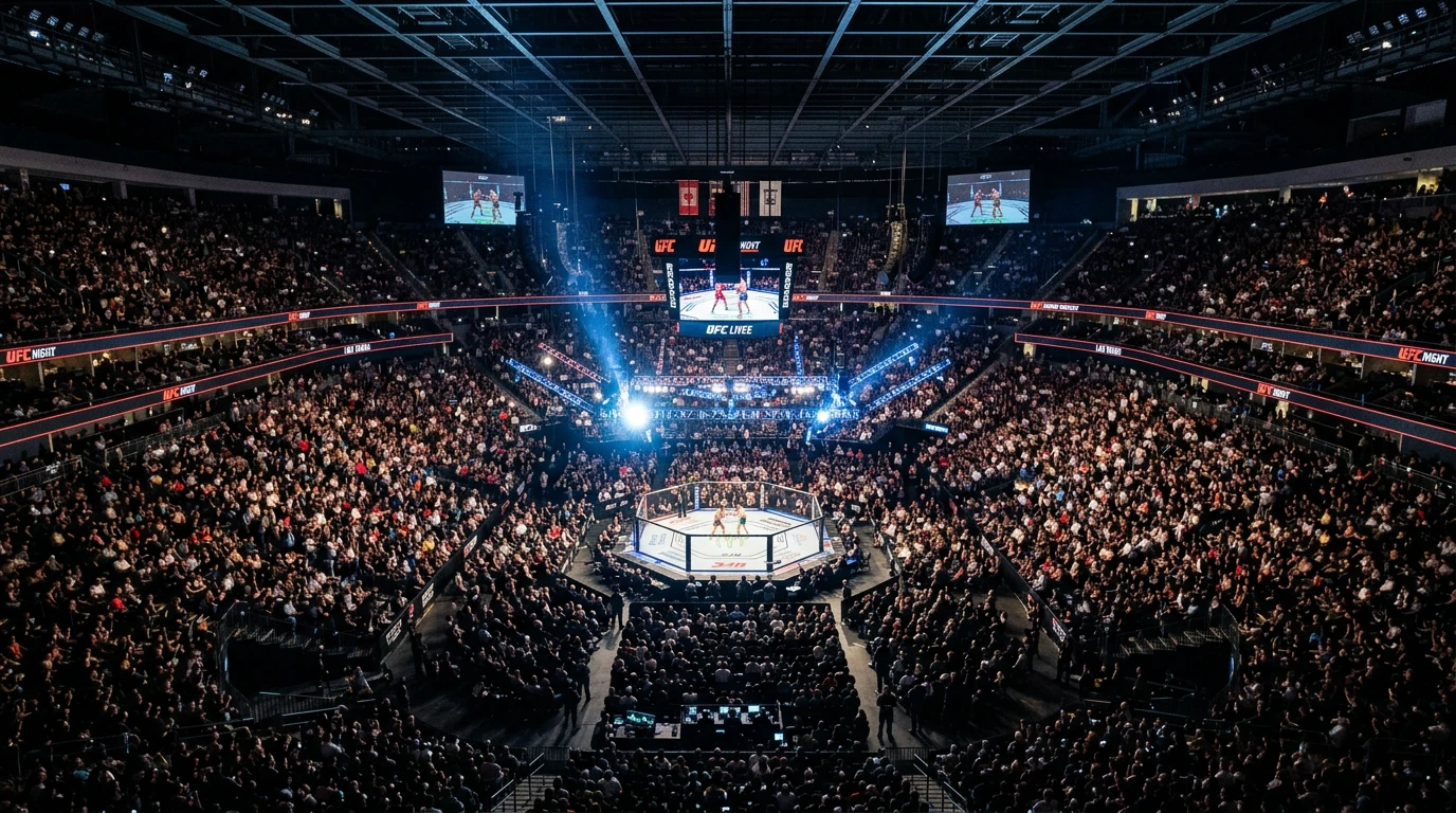 Ausverkaufte MMA-Arena mit Scheinwerferlicht auf das Oktagon von oben fotografiert